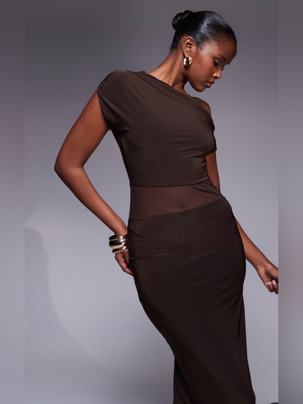 Kaiia exclusive Double Layered Slinky Off Shoulder Sheer Mesh Maxi Dress 2